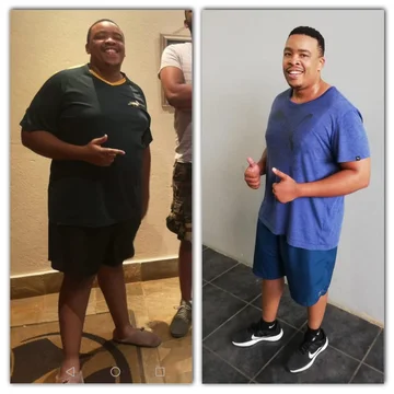 Client comparison, before on the left in a green shirt and after on the right in a blue shirt